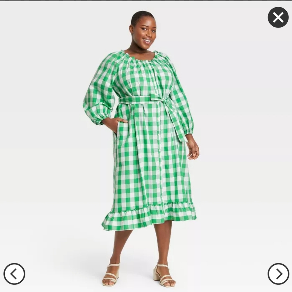 Women' Plu Ize Gingham Check Balloon Long Leeve Dr